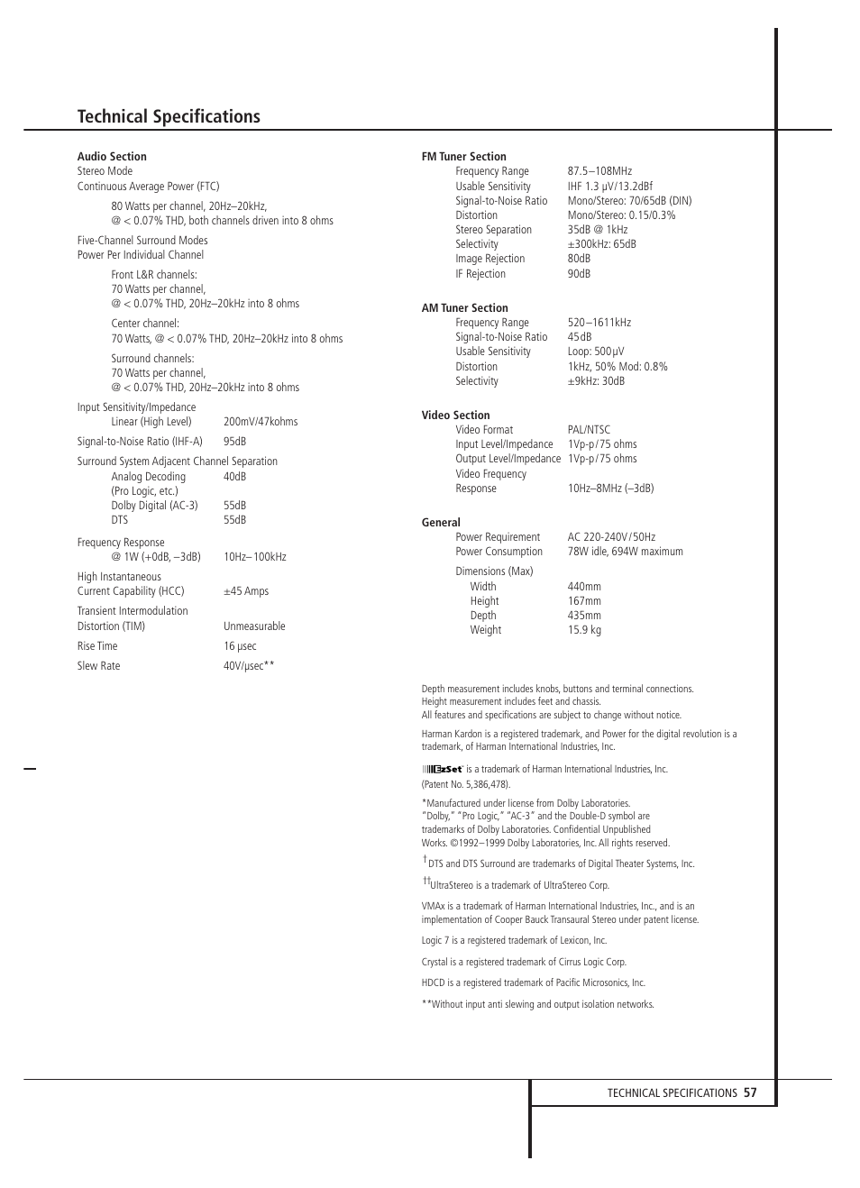 Technical specifications | Harman-Kardon AVR 5000 User Manual | Page 57 / 58