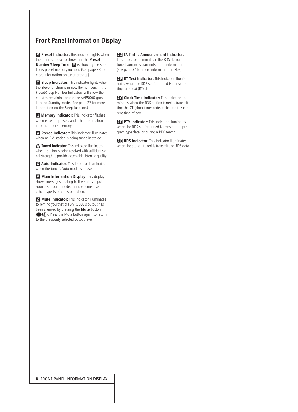 Front panel information display | Harman-Kardon AVR 5000 User Manual | Page 8 / 58