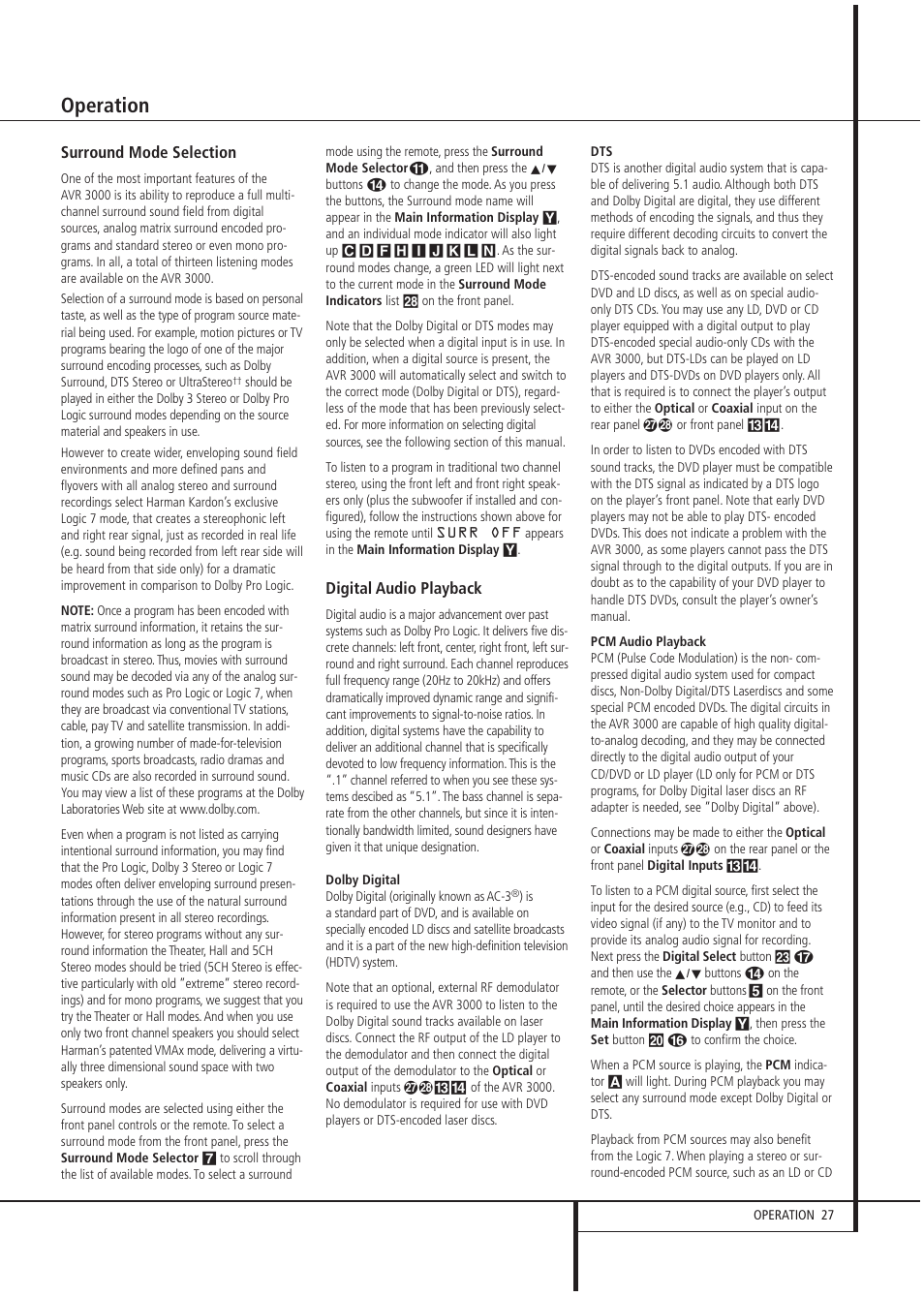 Operation | Harman-Kardon AVR 3000 User Manual | Page 27 / 52