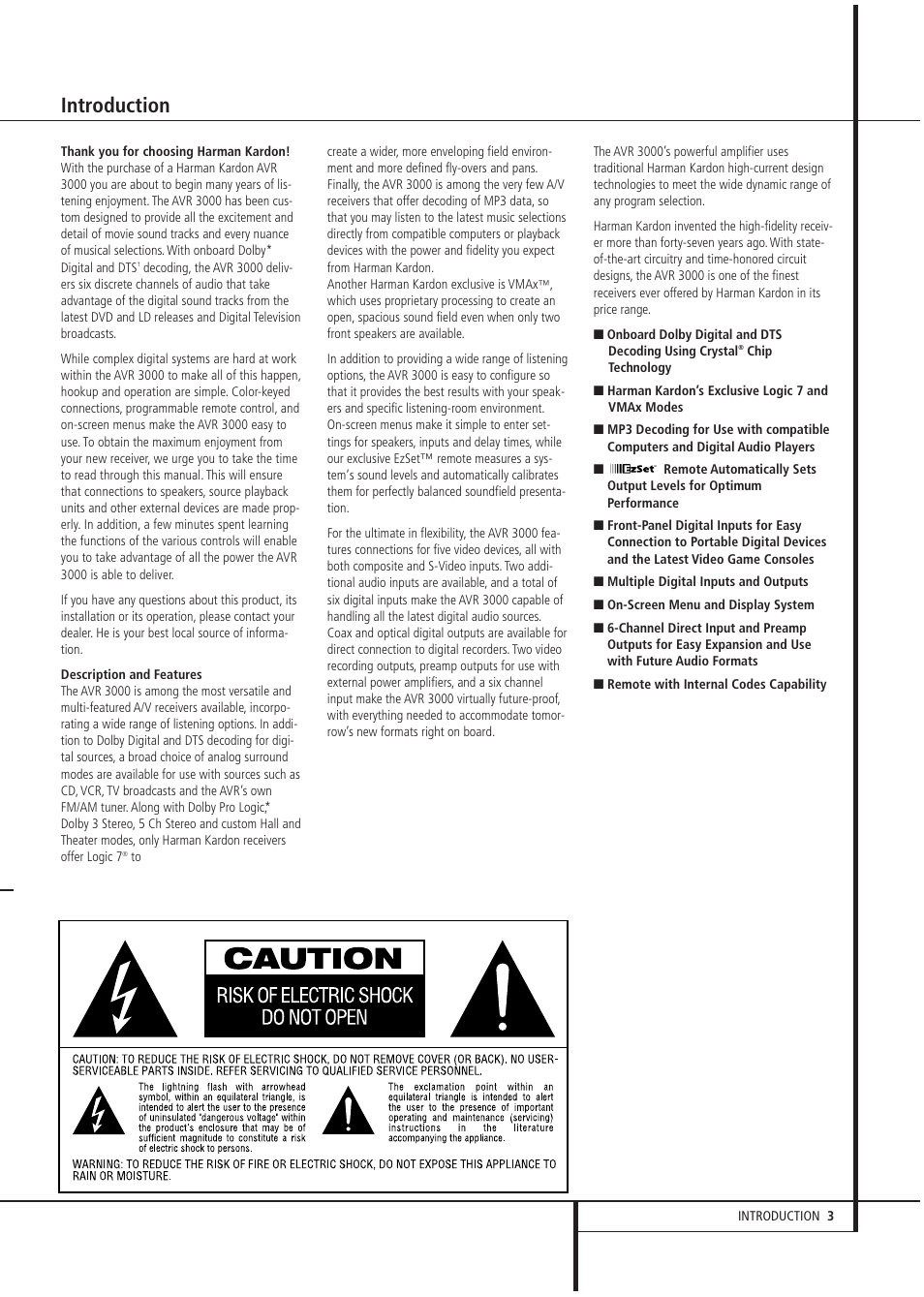 Introduction | Harman-Kardon AVR 3000 User Manual | Page 3 / 52