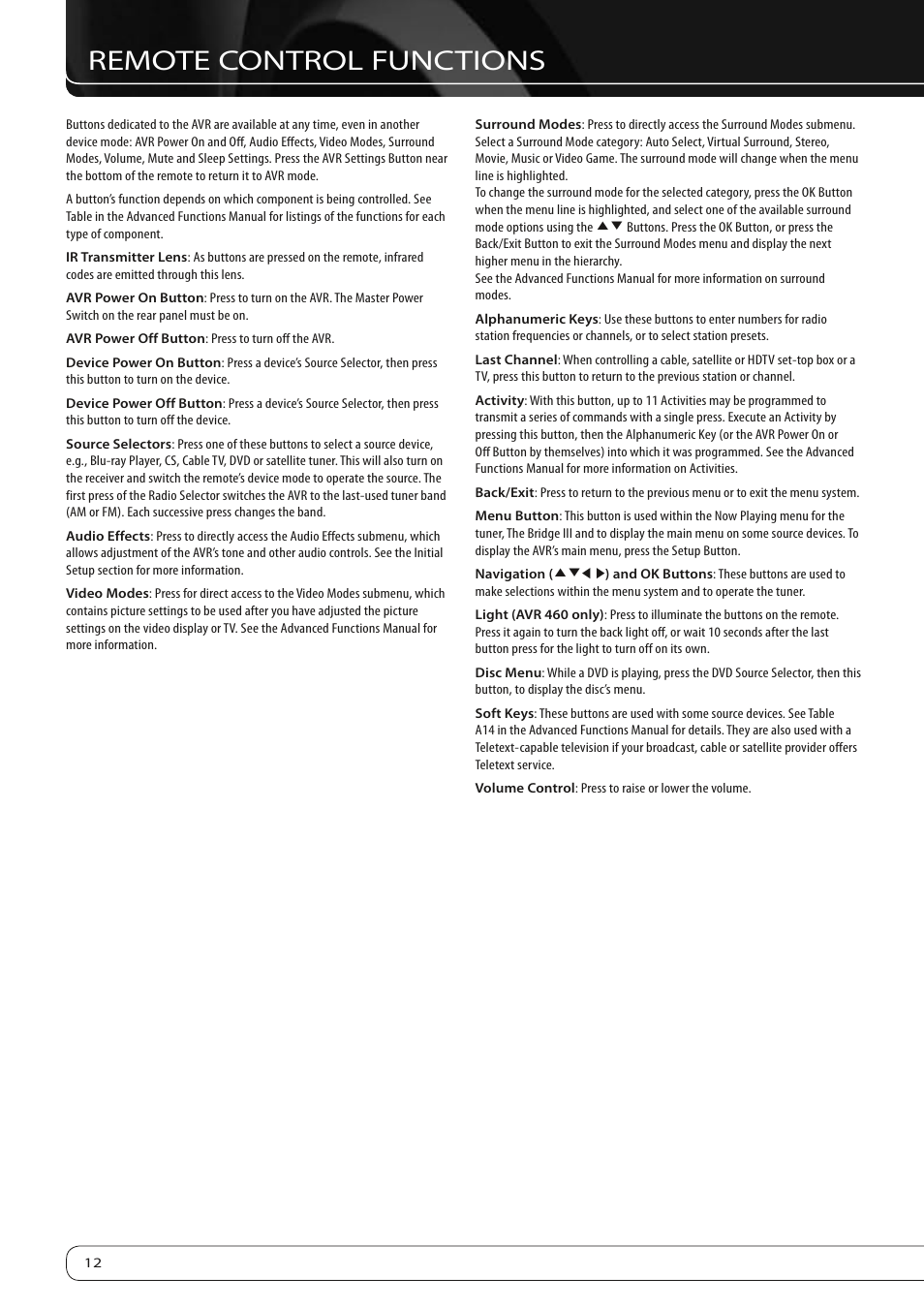 Remote control functions | Harman-Kardon AVR360 User Manual | Page 12 / 38
