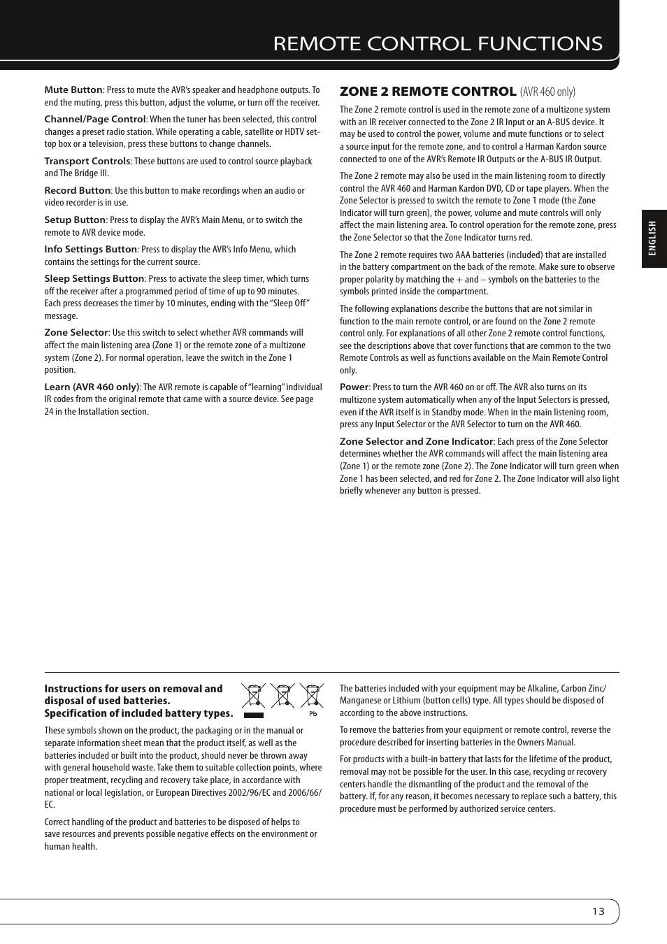 Remote control functions, Zone 2 remote control (avr 460 only) | Harman-Kardon AVR360 User Manual | Page 13 / 38