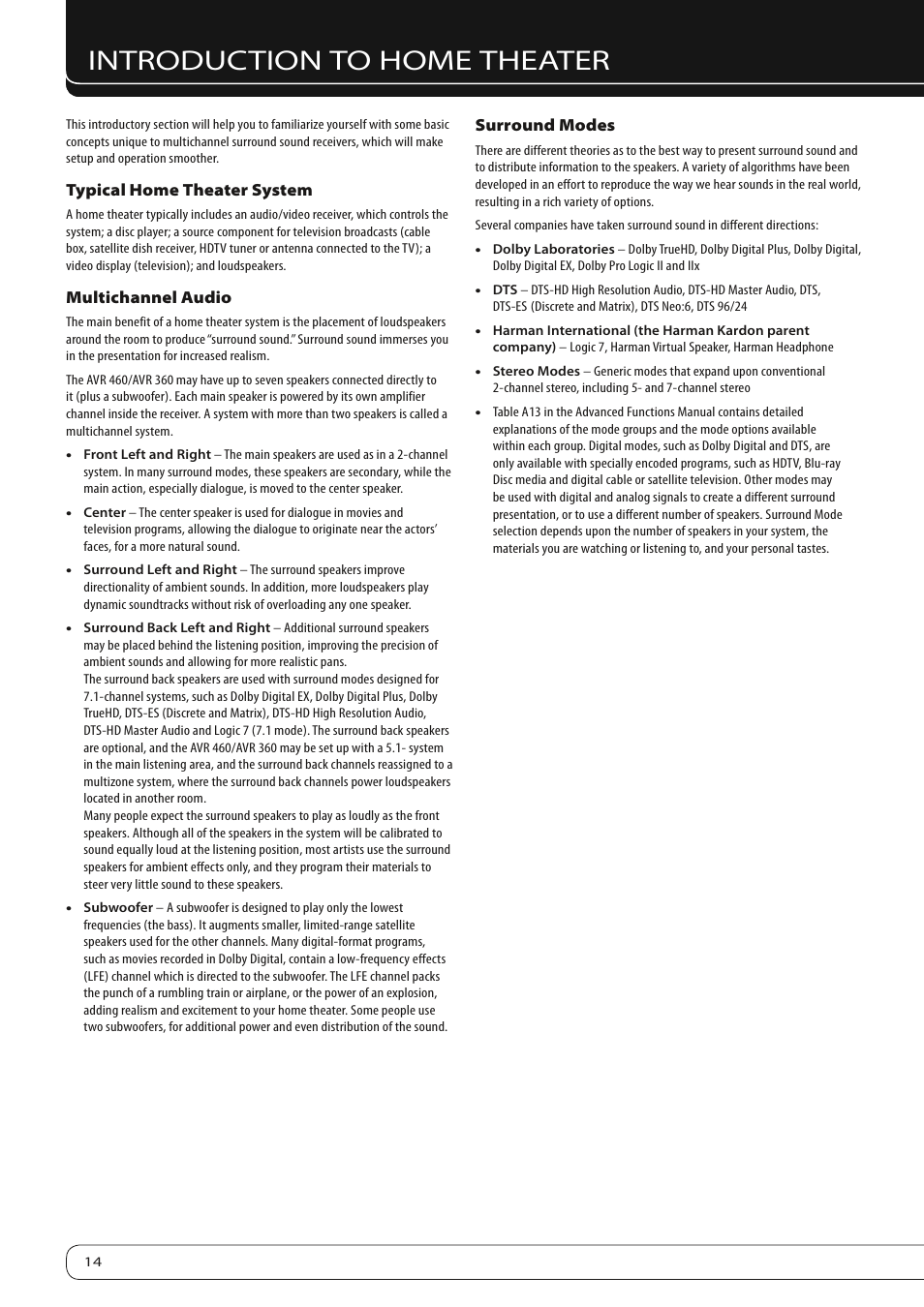 Introduction to home theater | Harman-Kardon AVR360 User Manual | Page 14 / 38