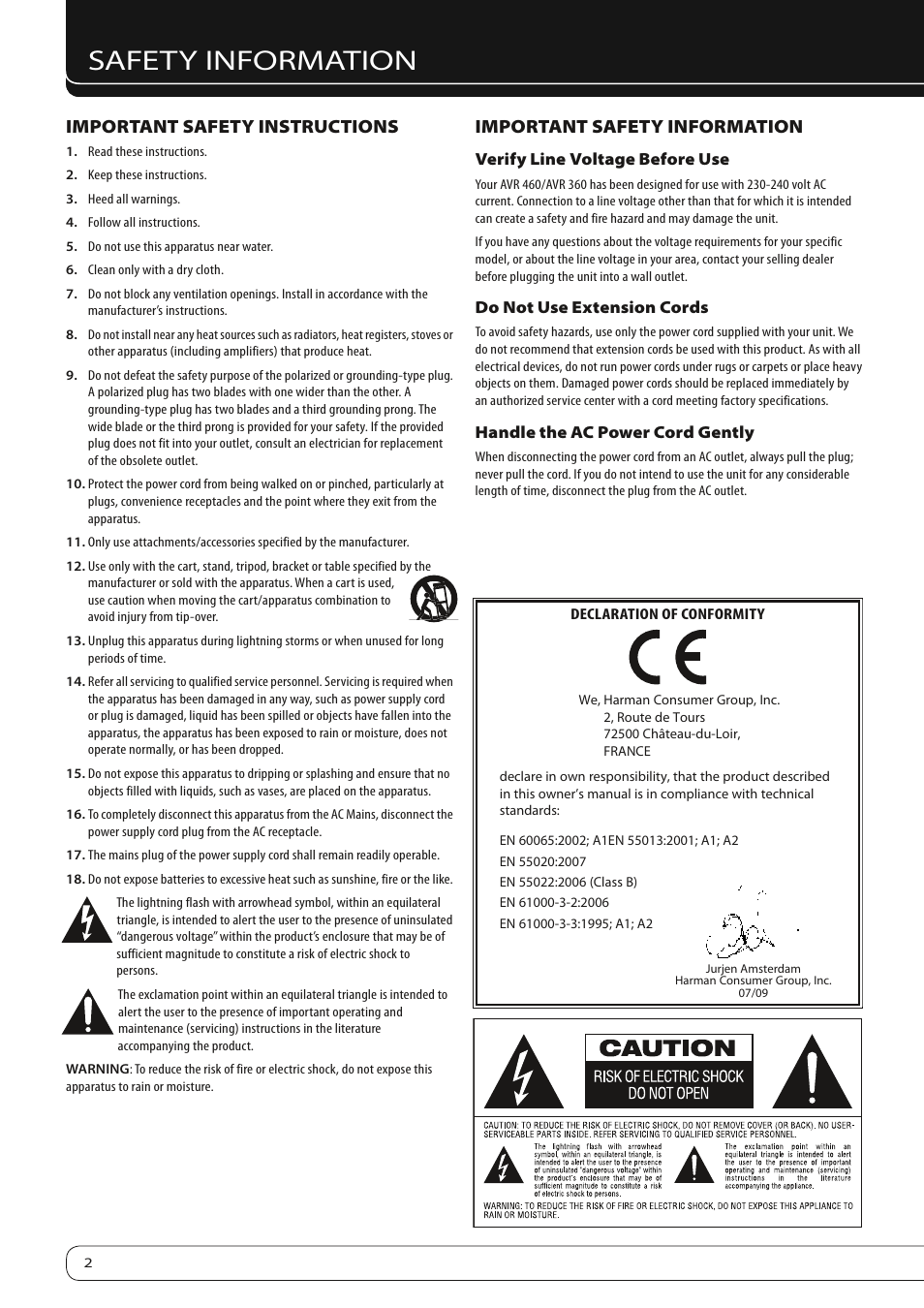 Safety information, Important safety instructions, Important safety information | Harman-Kardon AVR360 User Manual | Page 2 / 38