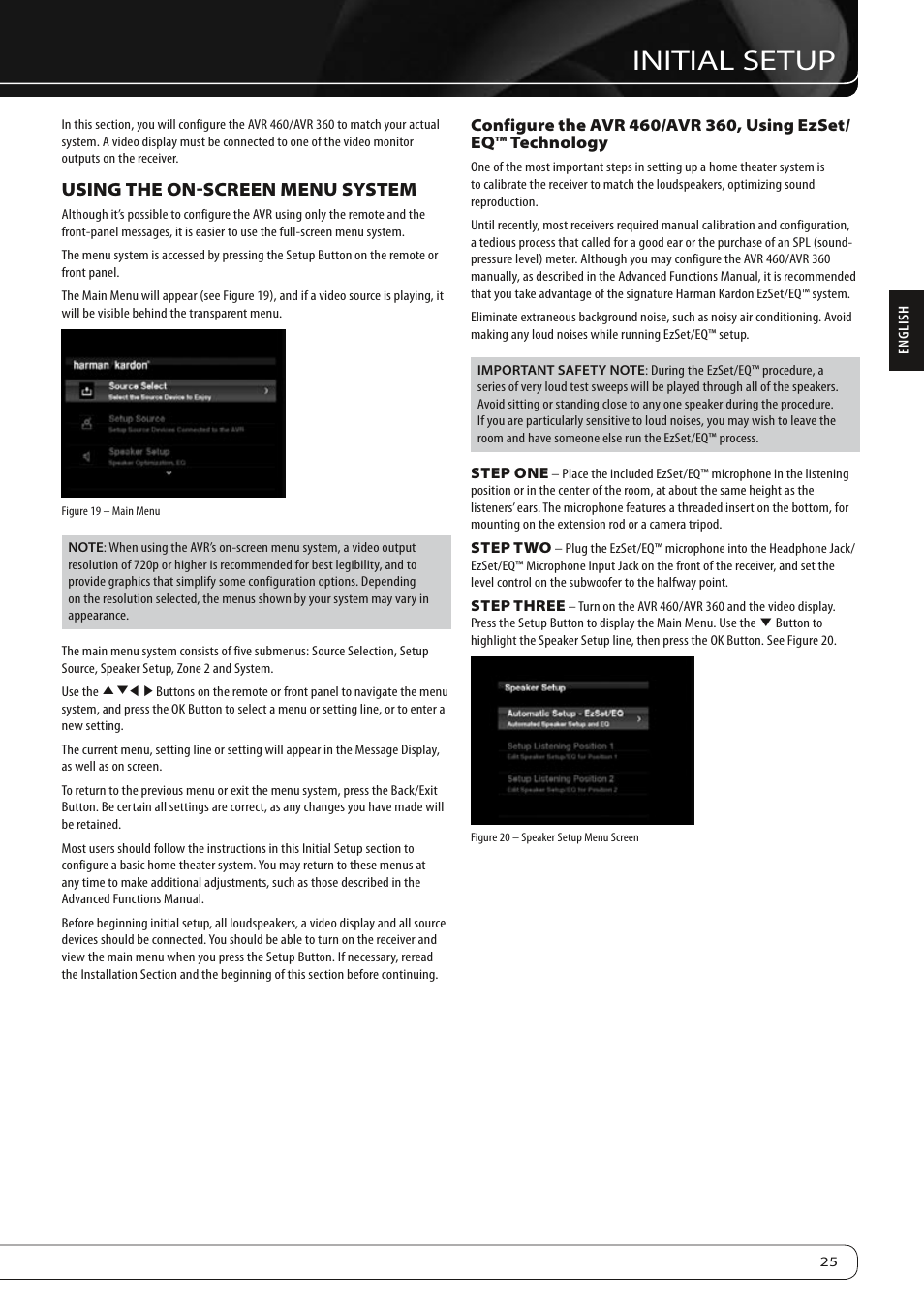 Initial setup, Using the on-screen menu system | Harman-Kardon AVR360 User Manual | Page 25 / 38