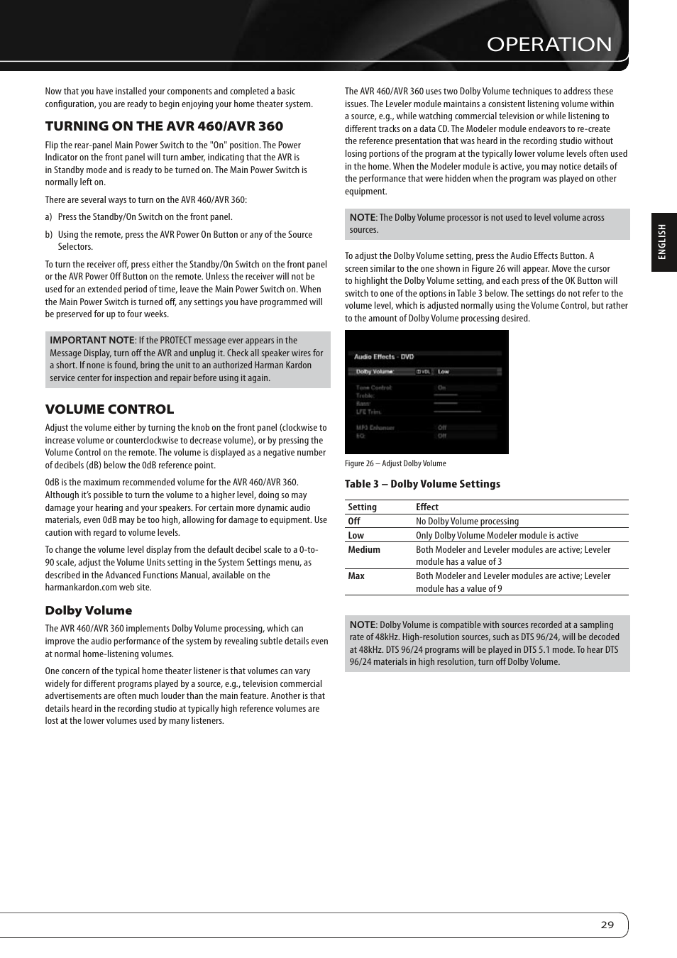 Operation, Volume control | Harman-Kardon AVR360 User Manual | Page 29 / 38