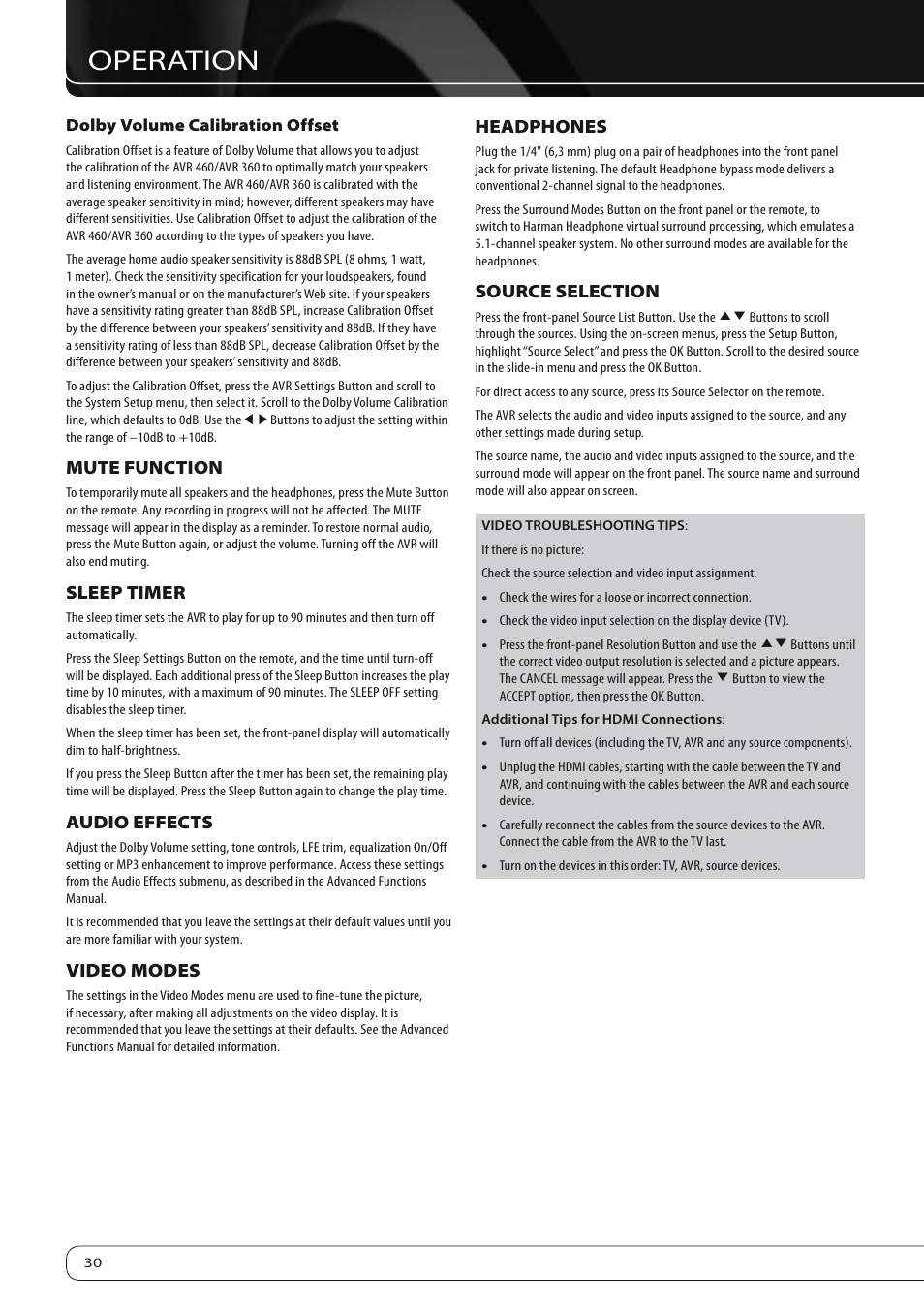 Operation, Mute function, Sleep timer | Audio effects, Video modes, Headphones, Source selection | Harman-Kardon AVR360 User Manual | Page 30 / 38