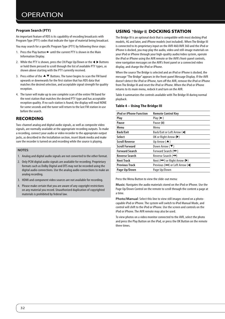 Operation, Recording, Using docking station | Harman-Kardon AVR360 User Manual | Page 32 / 38