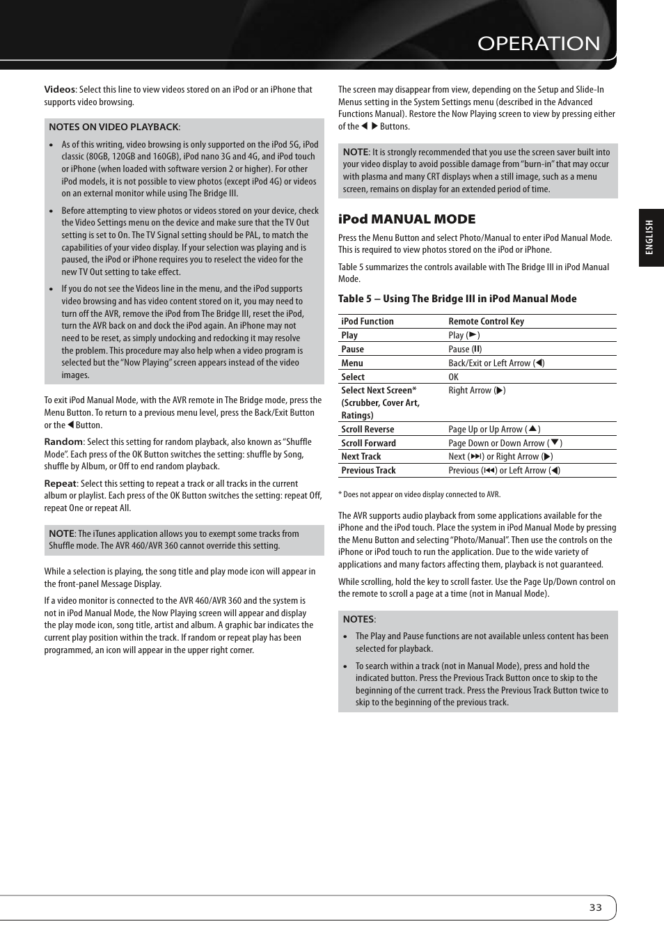 Operation, Ipod manual mode | Harman-Kardon AVR360 User Manual | Page 33 / 38