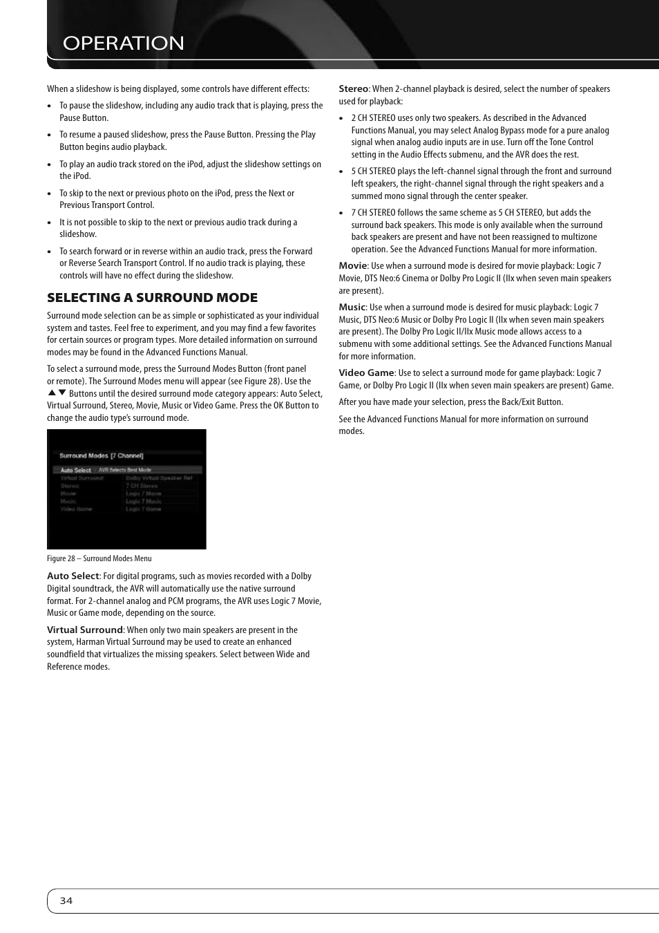 Operation, Selecting a surround mode | Harman-Kardon AVR360 User Manual | Page 34 / 38