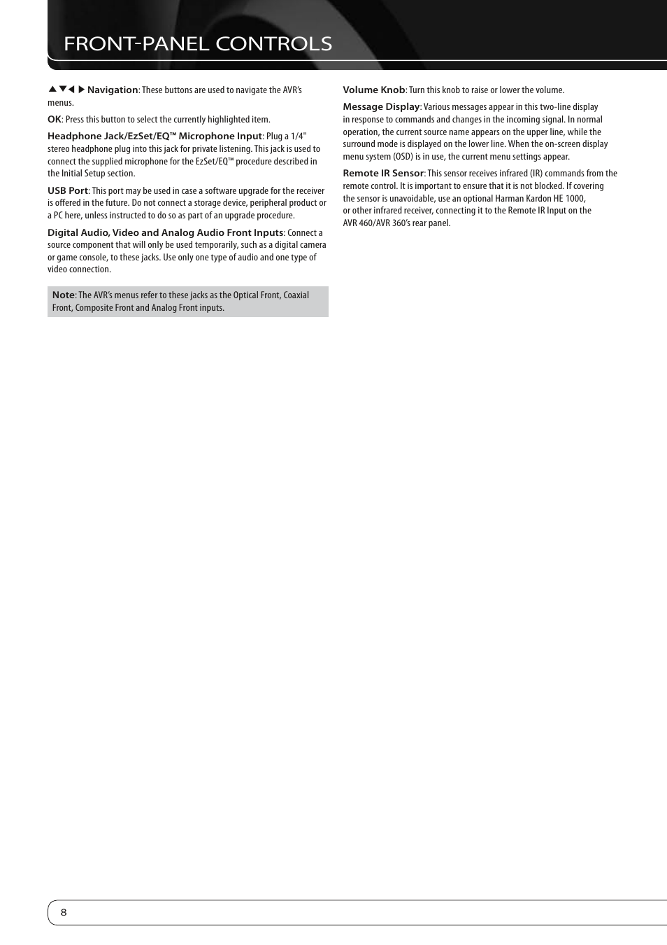 Front-panel controls | Harman-Kardon AVR360 User Manual | Page 8 / 38