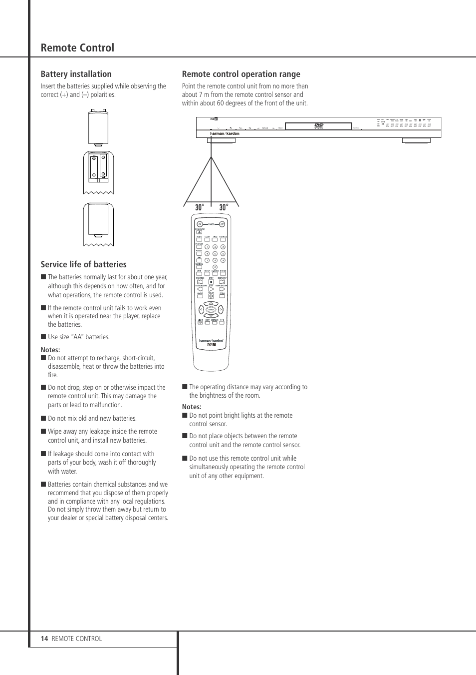 Remote control, Battery installation, Service life of batteries | Remote control operation range, 14 remote control | Harman-Kardon DVD 27 User Manual | Page 14 / 28