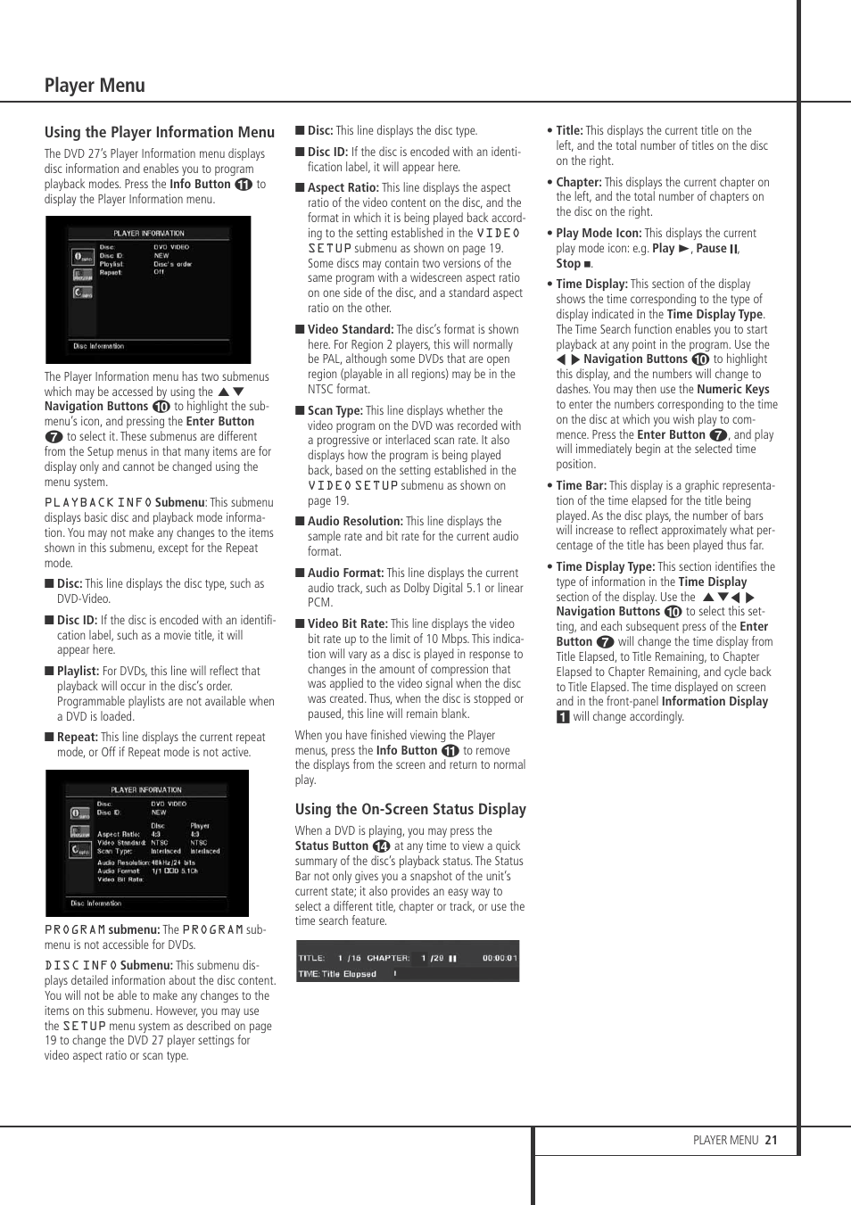 Player menu | Harman-Kardon DVD 27 User Manual | Page 21 / 28