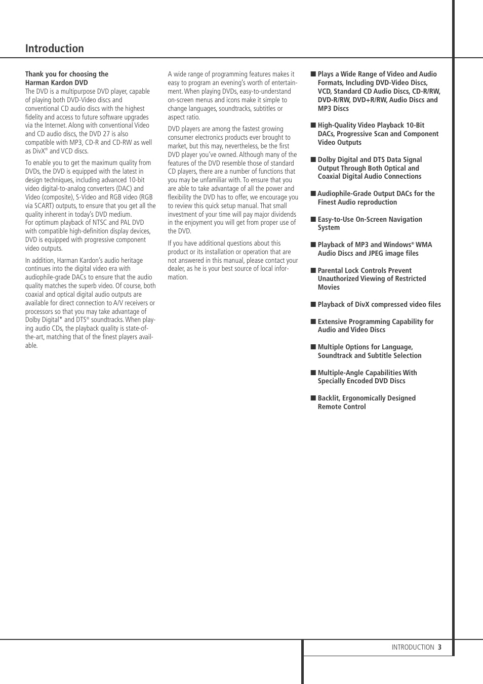 Introduction | Harman-Kardon DVD 27 User Manual | Page 3 / 28