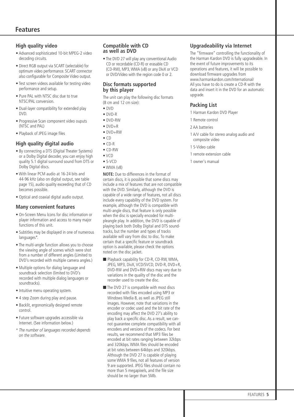 Features | Harman-Kardon DVD 27 User Manual | Page 5 / 28