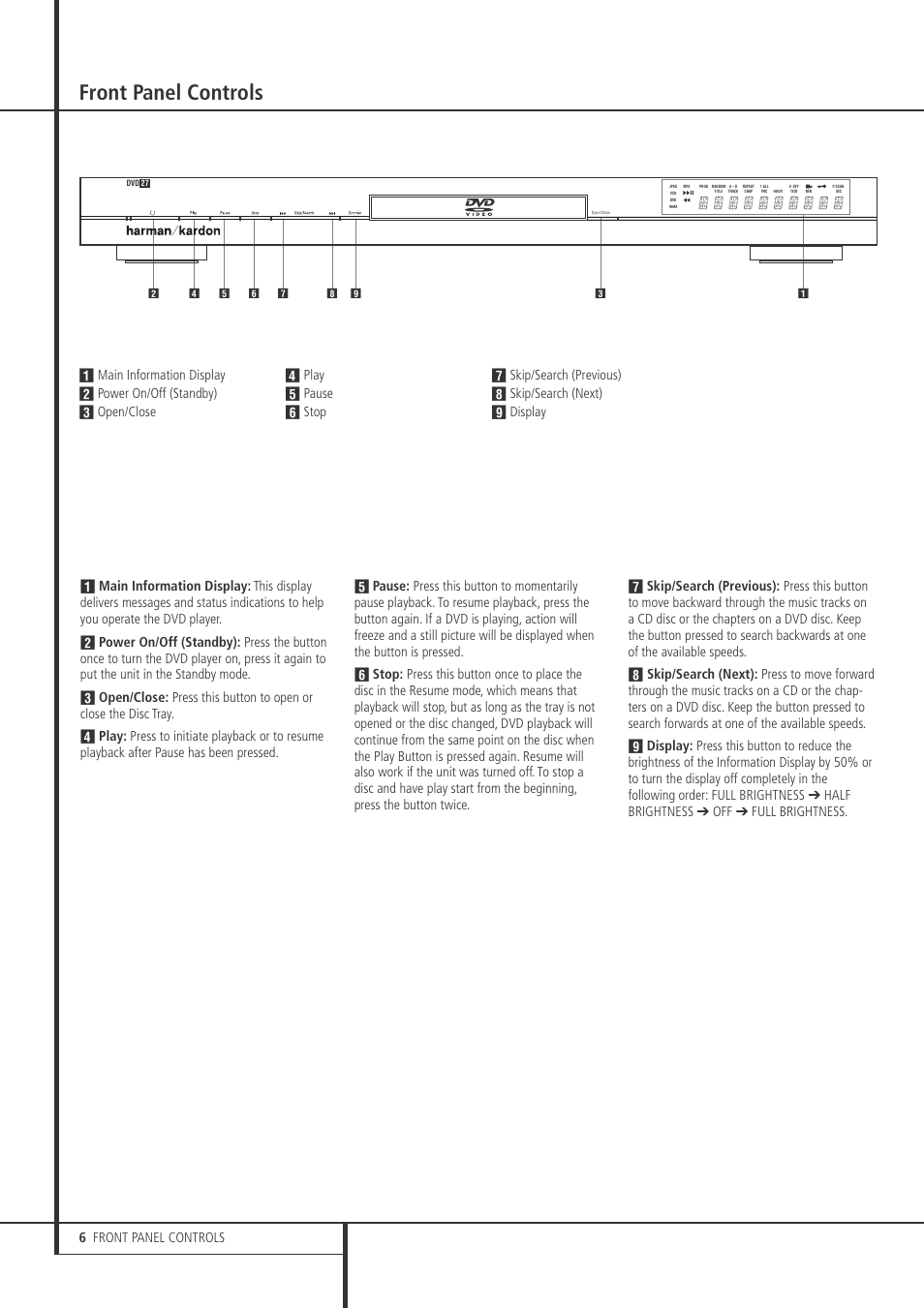 Front panel controls, 6 front panel controls | Harman-Kardon DVD 27 User Manual | Page 6 / 28