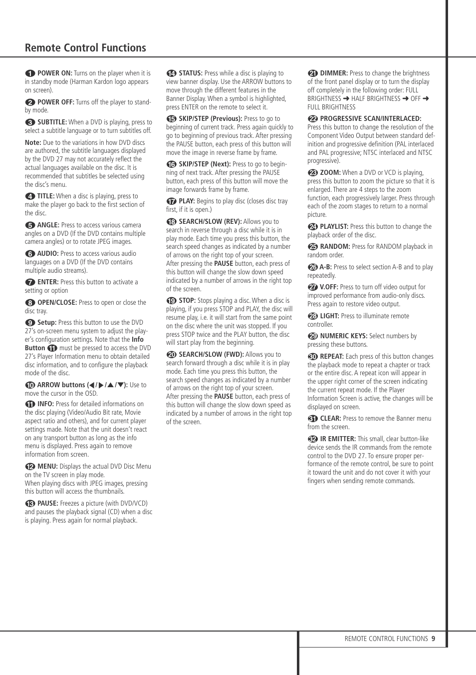 Remote control functions | Harman-Kardon DVD 27 User Manual | Page 9 / 28