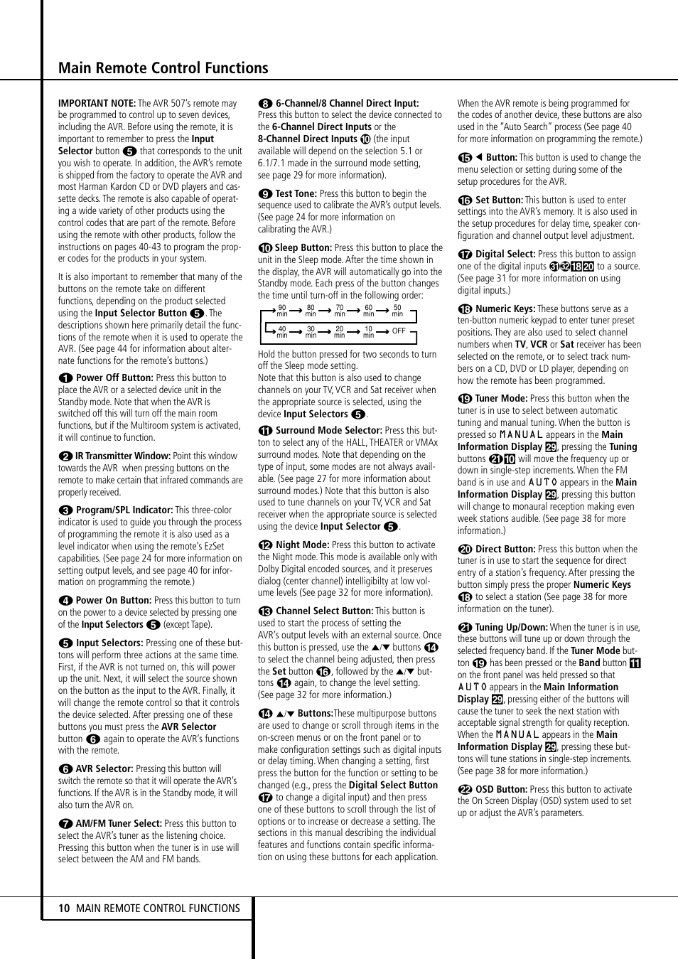 Main remote control functions | Harman-Kardon AVR507 User Manual | Page 10 / 48