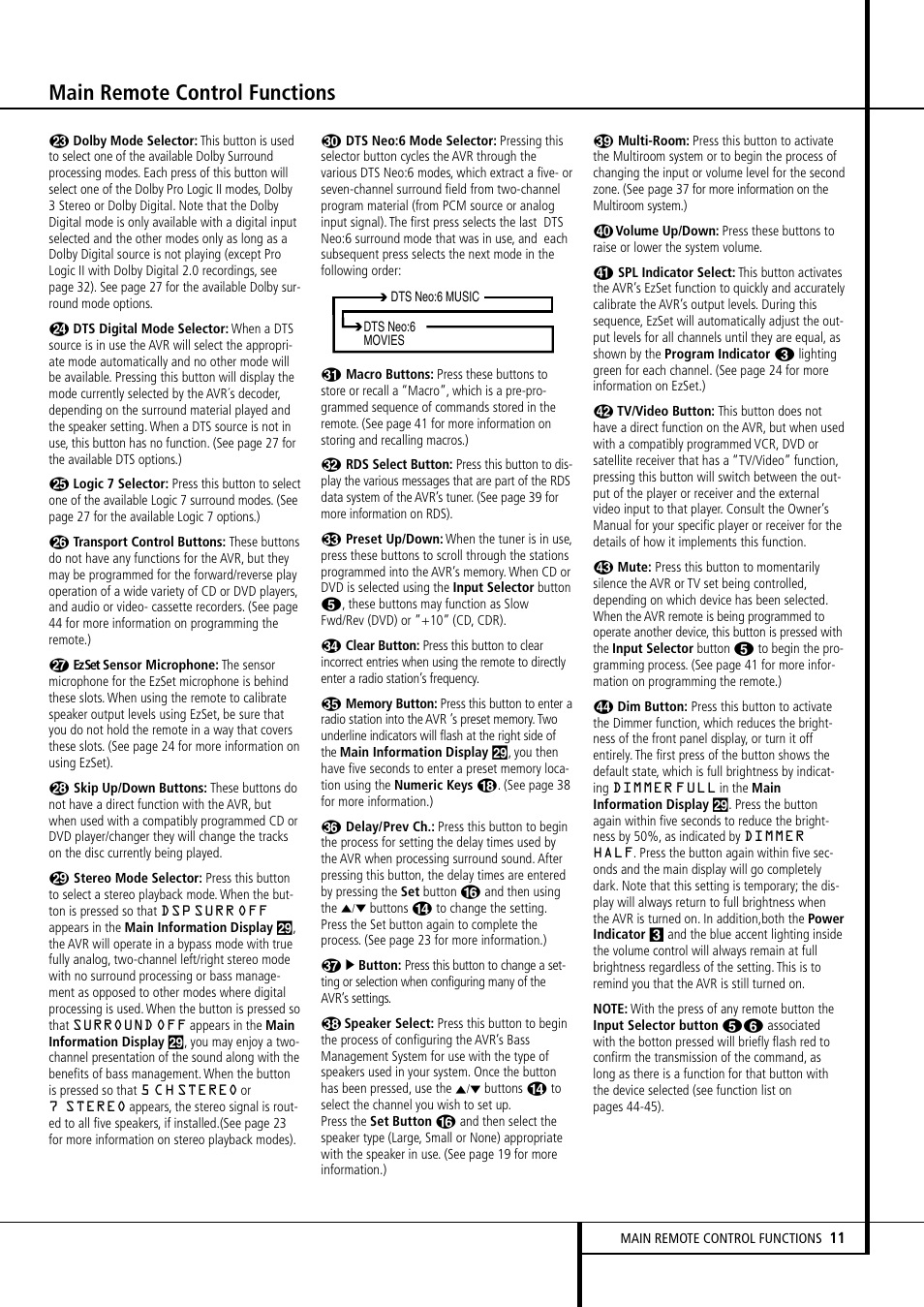 Main remote control functions | Harman-Kardon AVR507 User Manual | Page 11 / 48