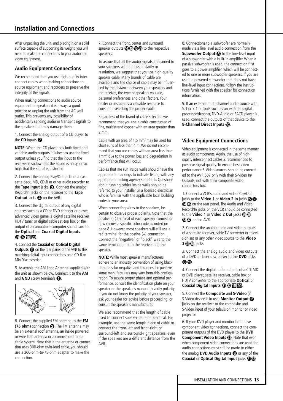 Installation and connections | Harman-Kardon AVR507 User Manual | Page 13 / 48