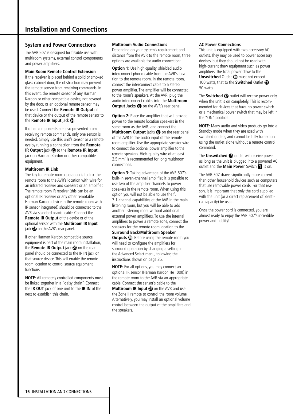 Installation and connections | Harman-Kardon AVR507 User Manual | Page 16 / 48