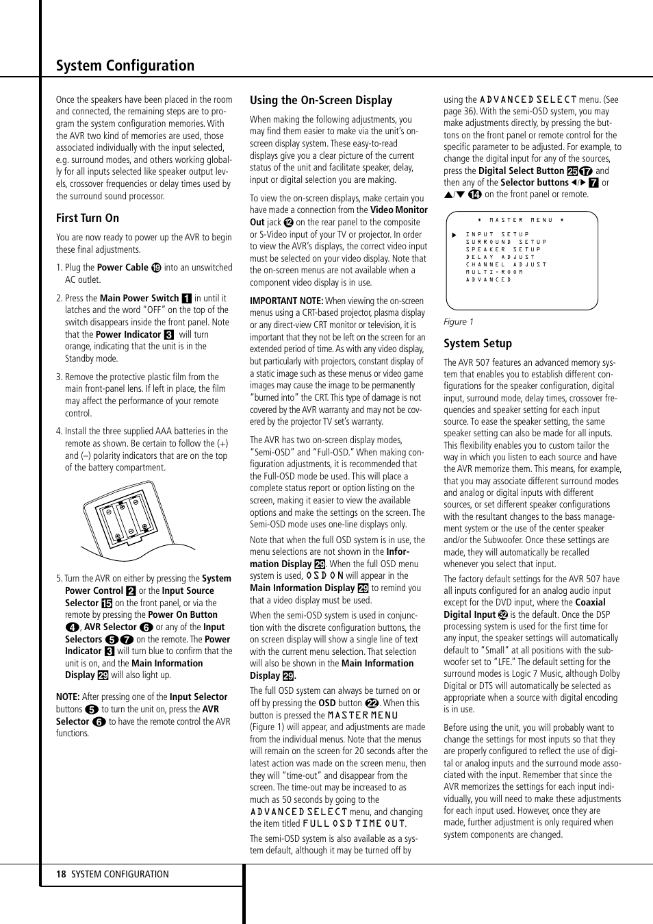 System configuration, First turn on, Using the on-screen display | System setup | Harman-Kardon AVR507 User Manual | Page 18 / 48