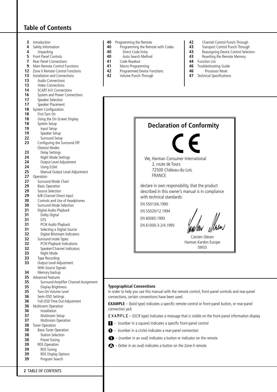 Harman-Kardon AVR507 User Manual | Page 2 / 48