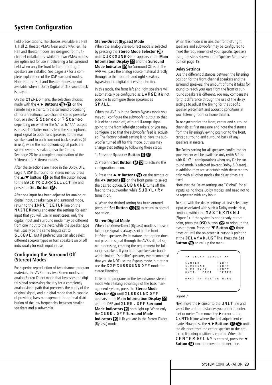 System configuration, Configuring the surround off (stereo) modes | Harman-Kardon AVR507 User Manual | Page 23 / 48
