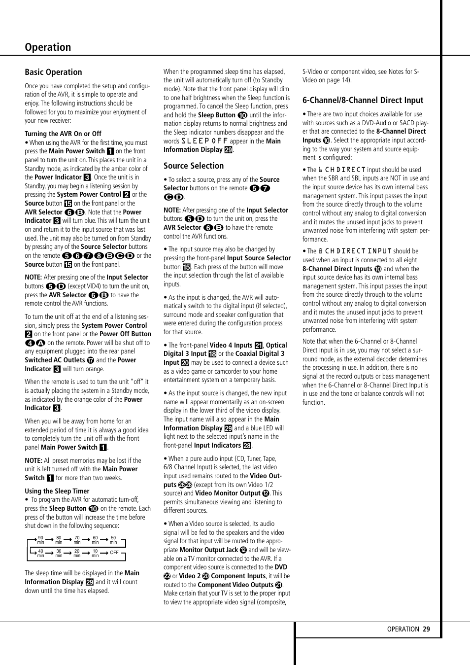 Operation, Basic operation, Source selection | Channel/8-channel direct input | Harman-Kardon AVR507 User Manual | Page 29 / 48