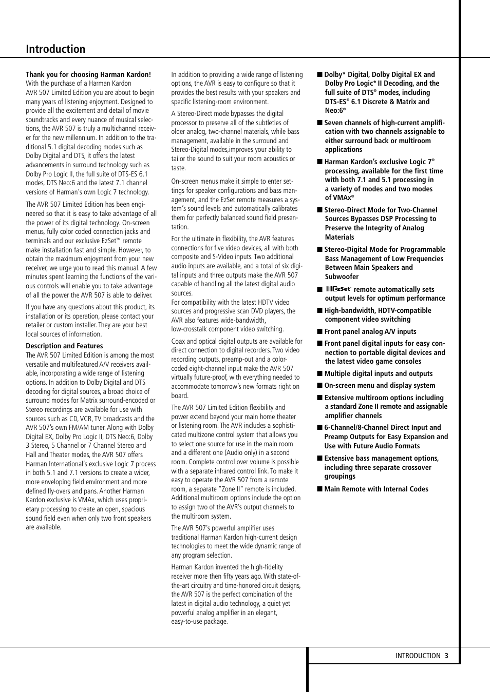 Introduction | Harman-Kardon AVR507 User Manual | Page 3 / 48