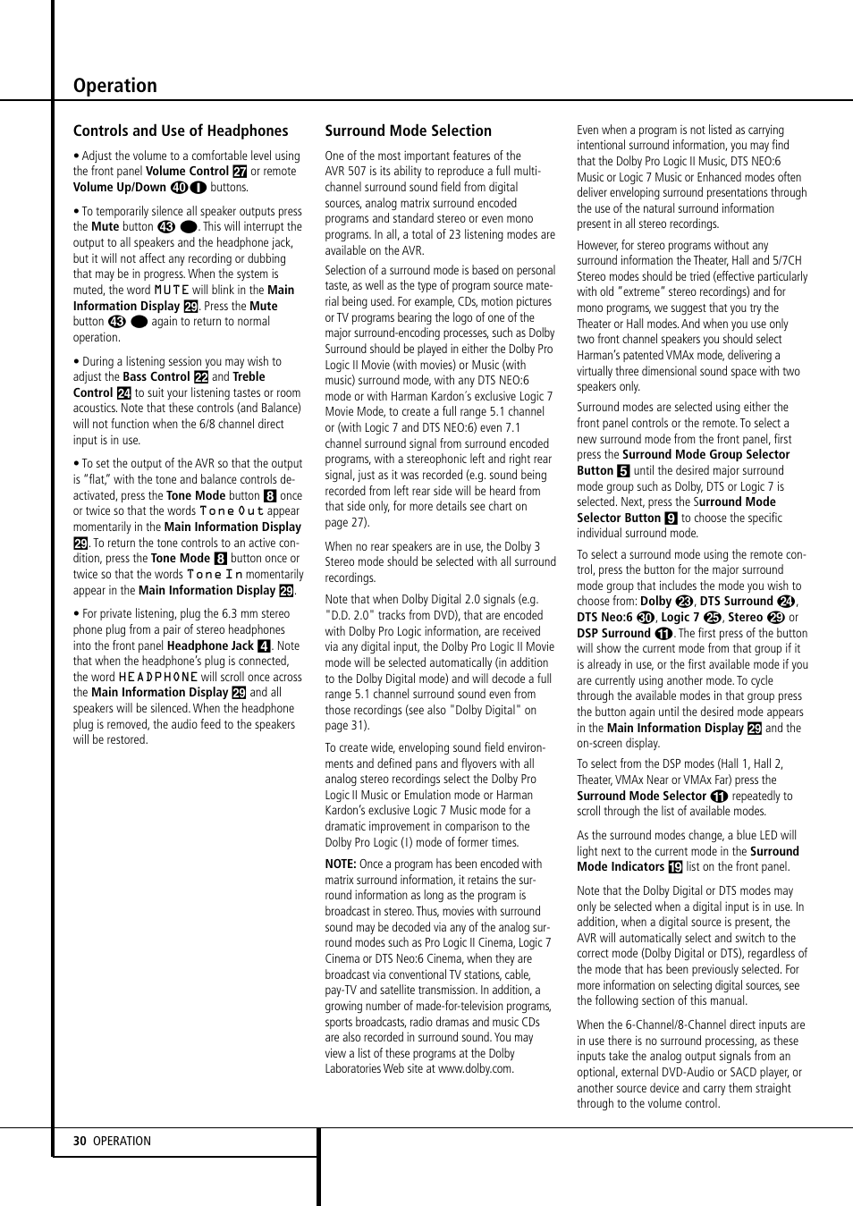Operation | Harman-Kardon AVR507 User Manual | Page 30 / 48
