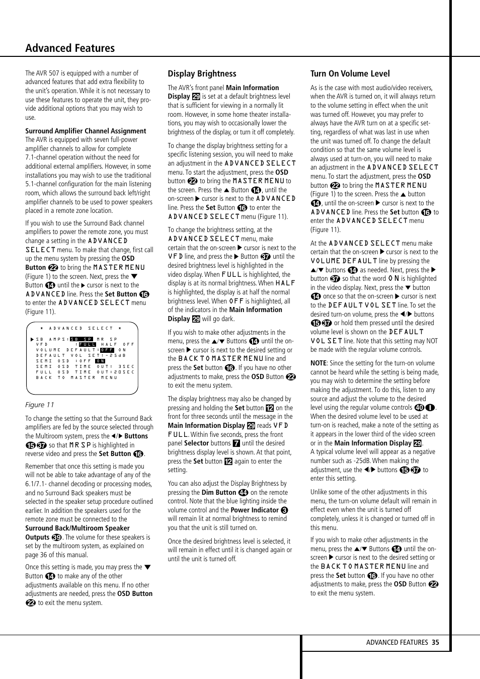 Advanced features, Display brightness, Turn on volume level | Harman-Kardon AVR507 User Manual | Page 35 / 48