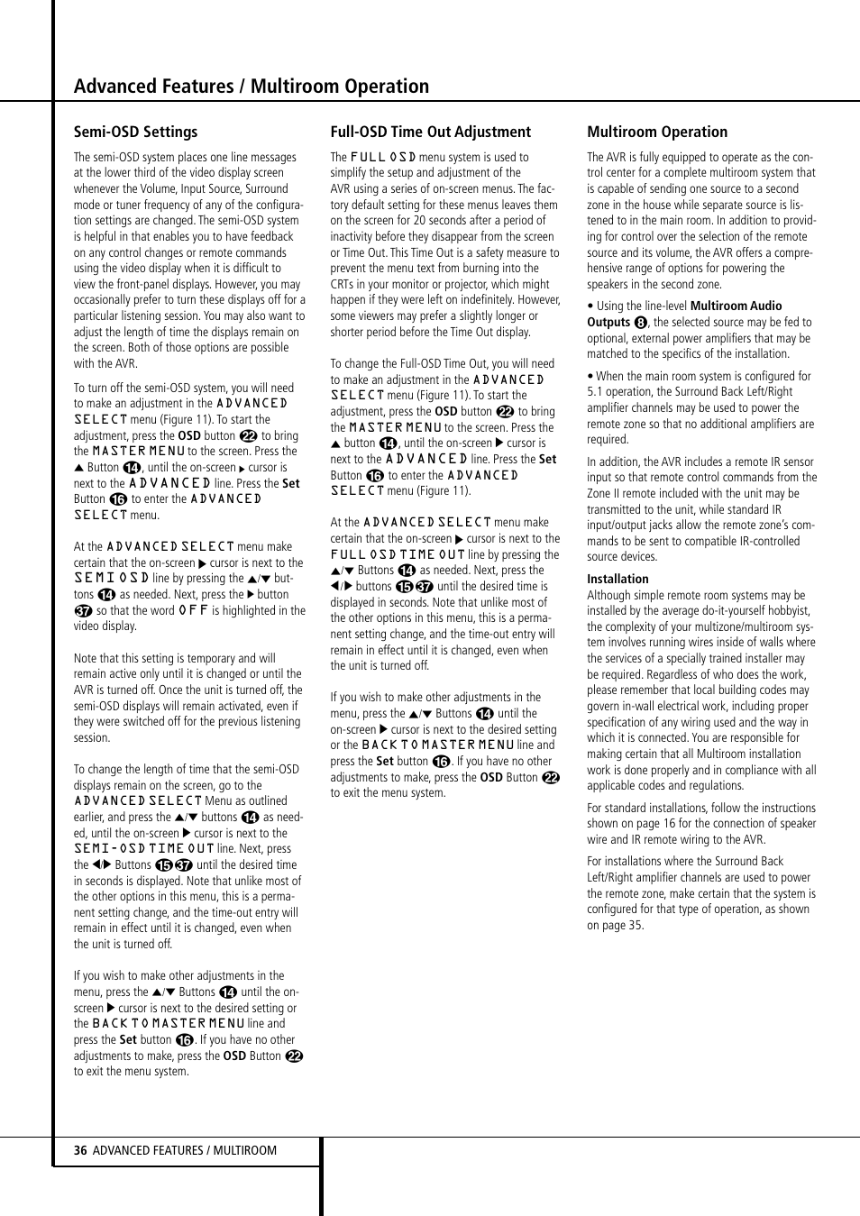 Advanced features / multiroom operation, Semi-osd settings, Full-osd time out adjustment | Multiroom operation | Harman-Kardon AVR507 User Manual | Page 36 / 48