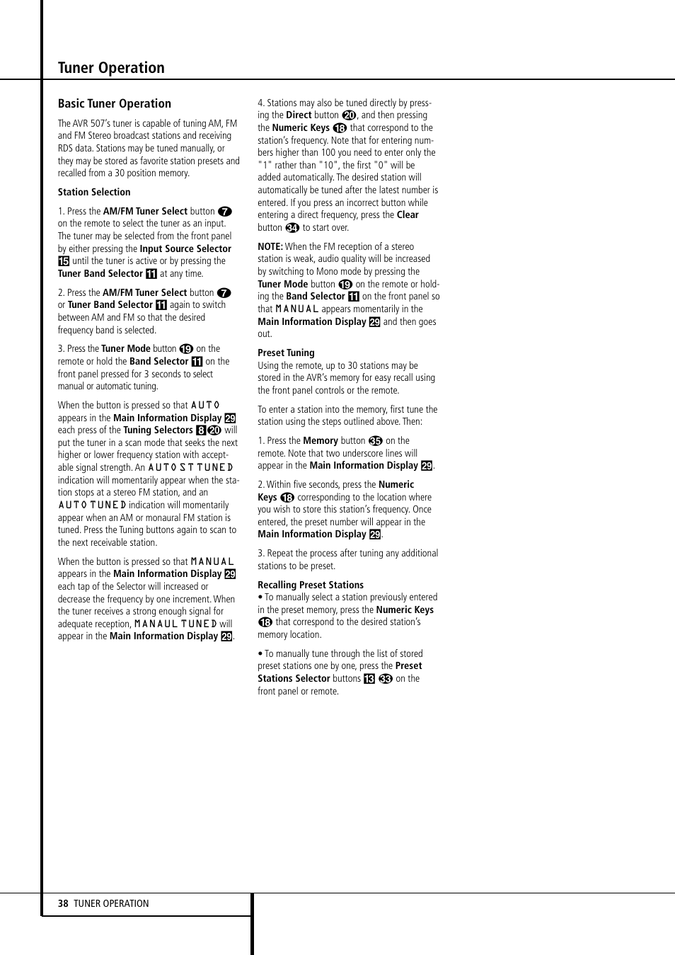 Tuner operation | Harman-Kardon AVR507 User Manual | Page 38 / 48