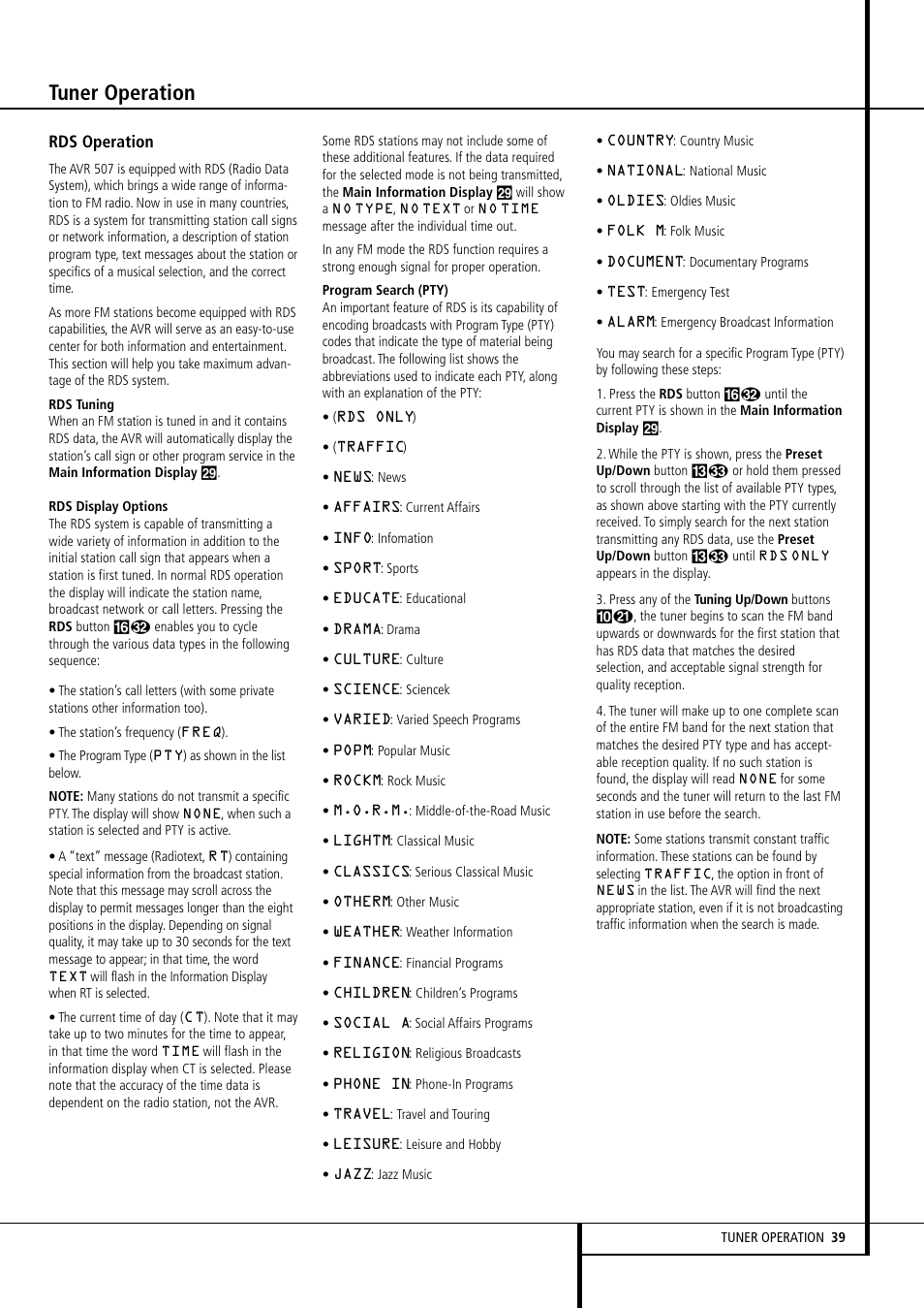 Tuner operation | Harman-Kardon AVR507 User Manual | Page 39 / 48
