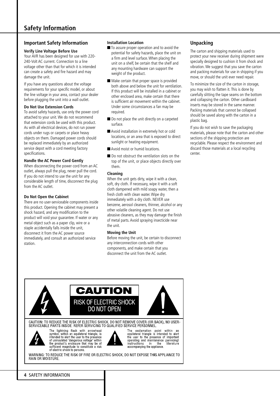 Safety information | Harman-Kardon AVR507 User Manual | Page 4 / 48