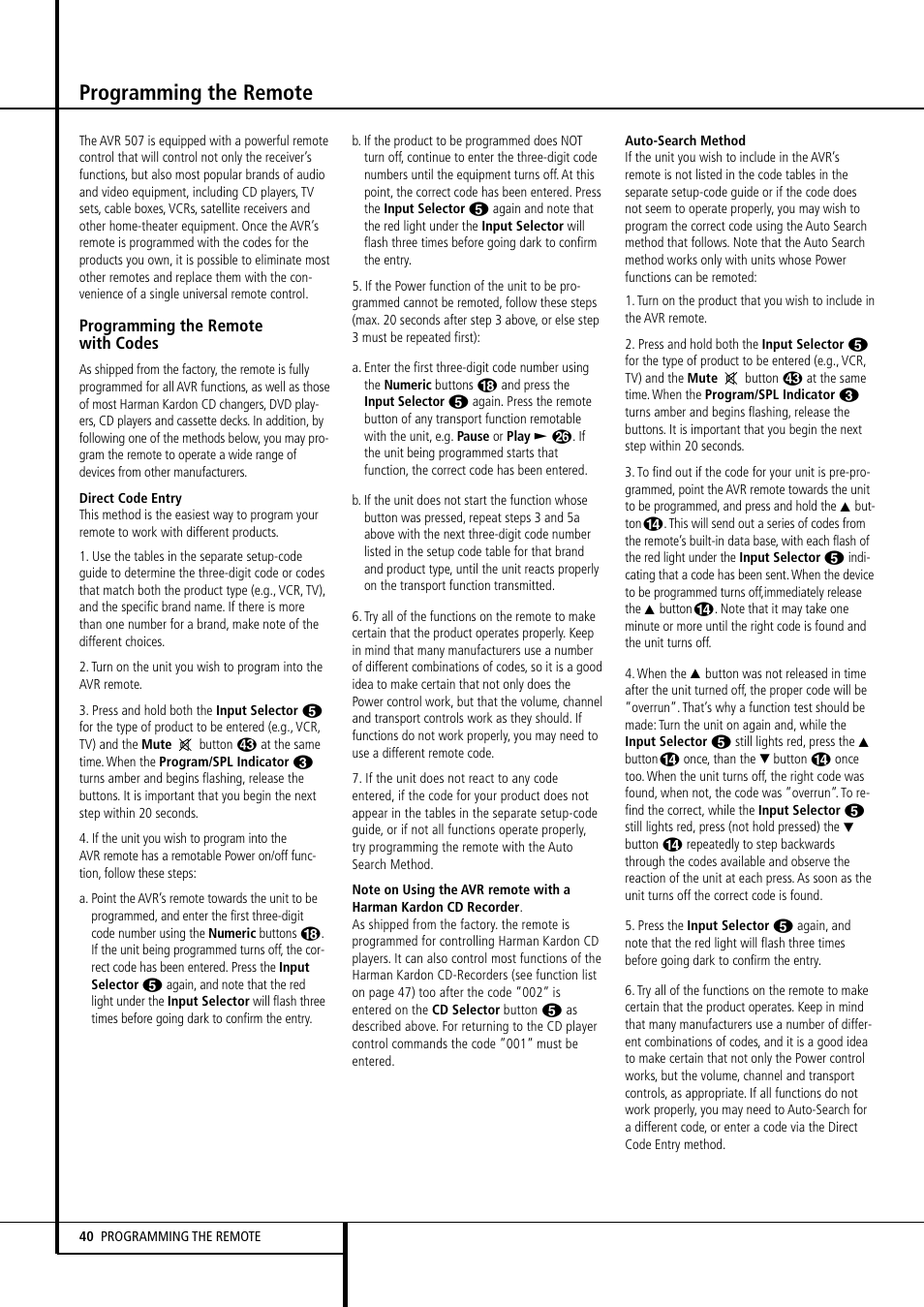Programming the remote | Harman-Kardon AVR507 User Manual | Page 40 / 48