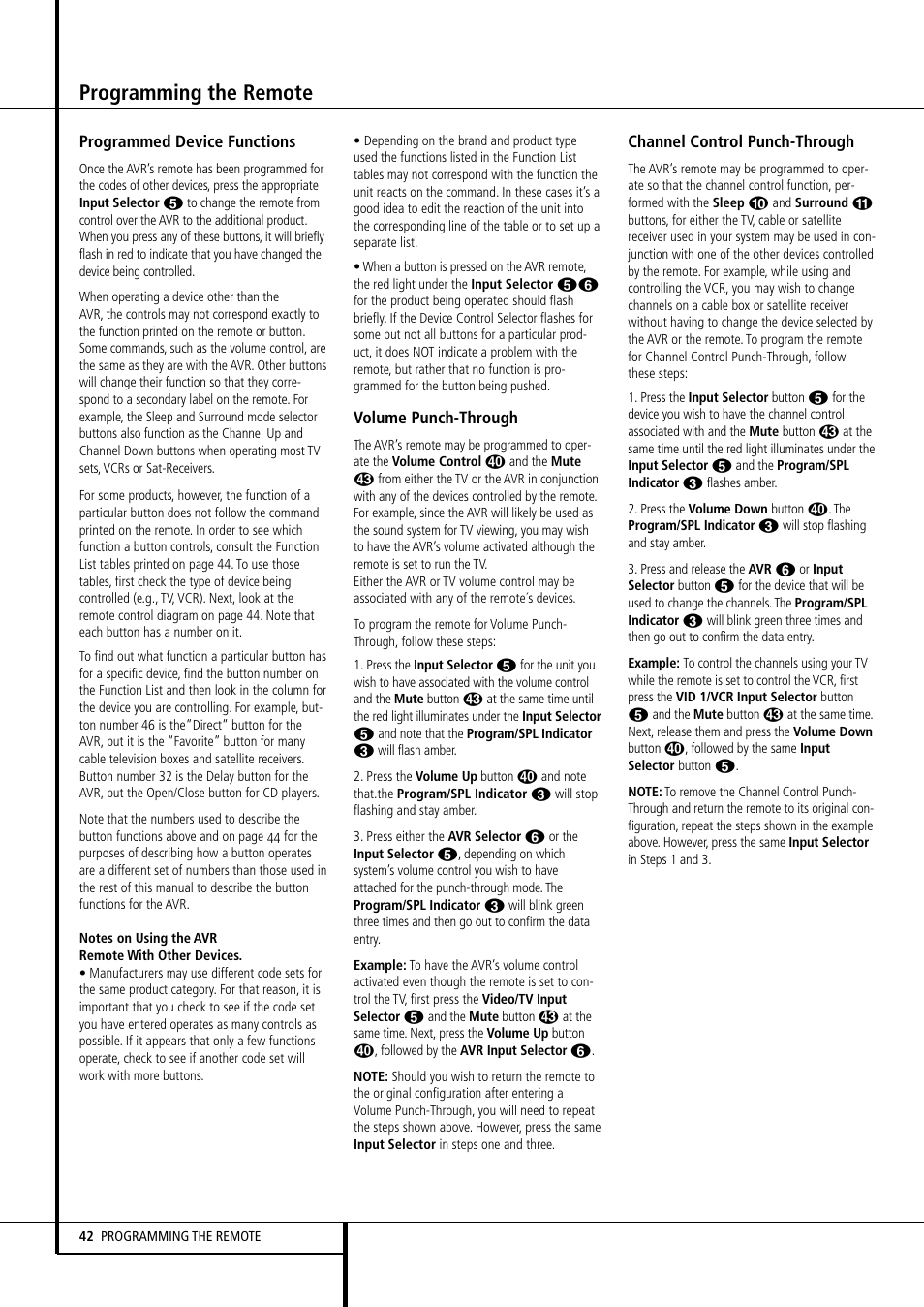 Programming the remote | Harman-Kardon AVR507 User Manual | Page 42 / 48