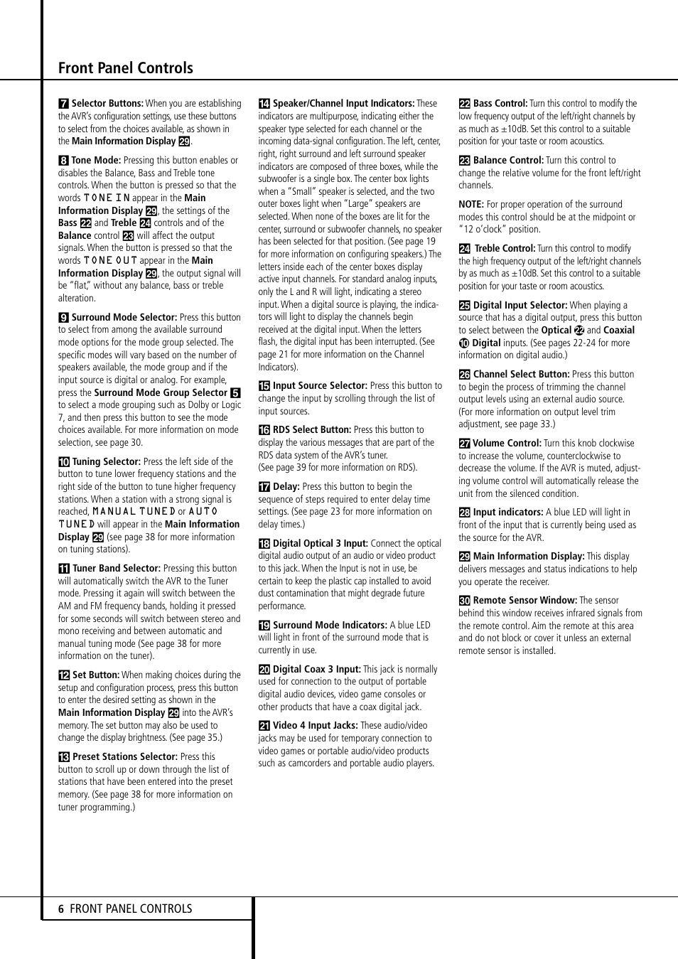 Front panel controls | Harman-Kardon AVR507 User Manual | Page 6 / 48