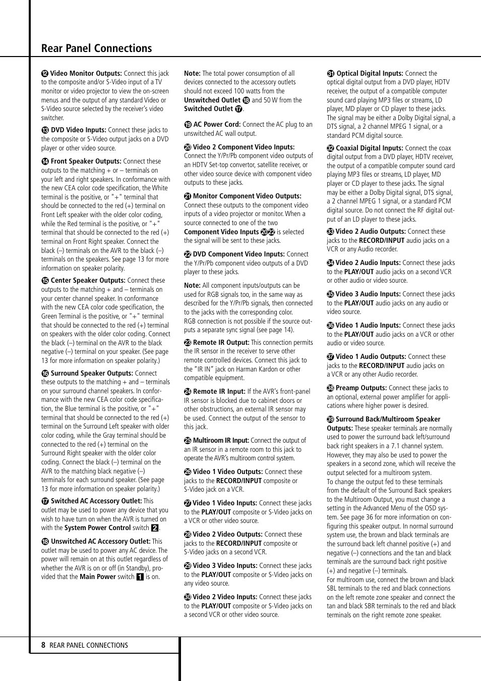 Rear panel connections | Harman-Kardon AVR507 User Manual | Page 8 / 48
