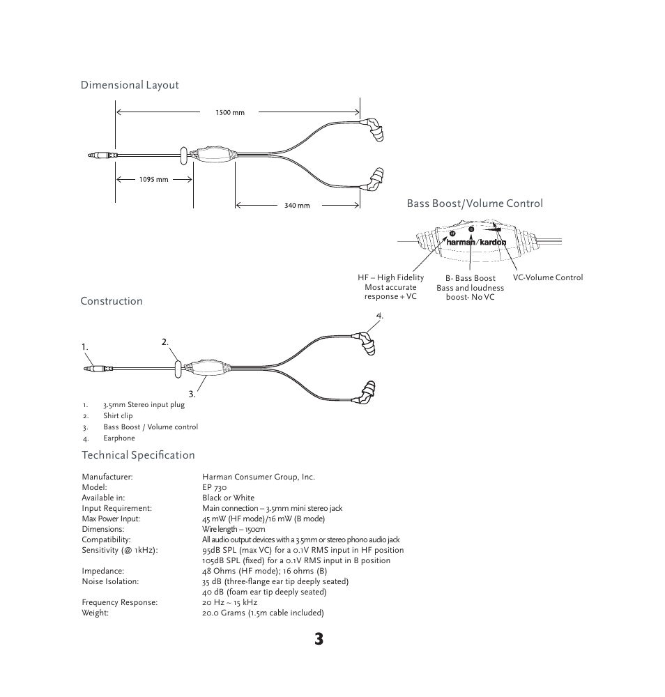 Construction, Dimensional layout technical specification, Bass boost/volume control | Harman-Kardon EP 730 User Manual | Page 3 / 5