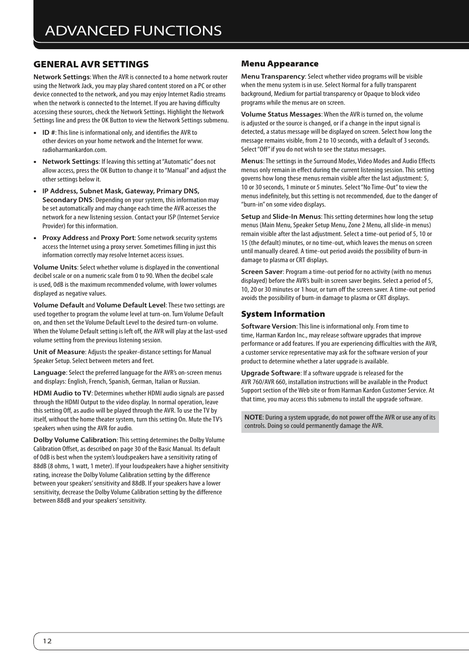 Advanced functions, General avr settings | Harman-Kardon AVR 760 User Manual | Page 12 / 28