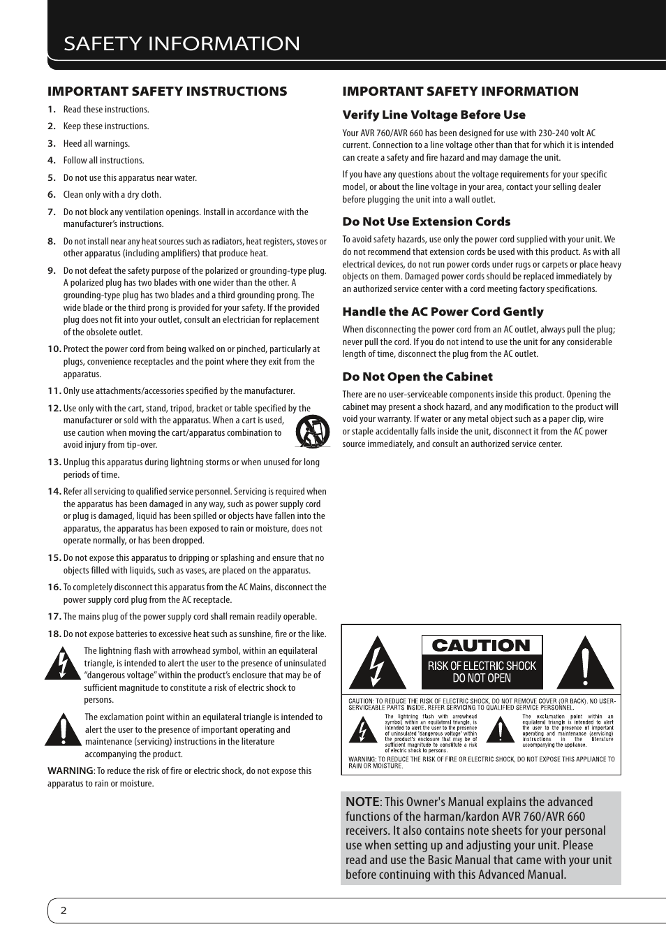 Safety information, Important safety instructions, Important safety information | Harman-Kardon AVR 760 User Manual | Page 2 / 28