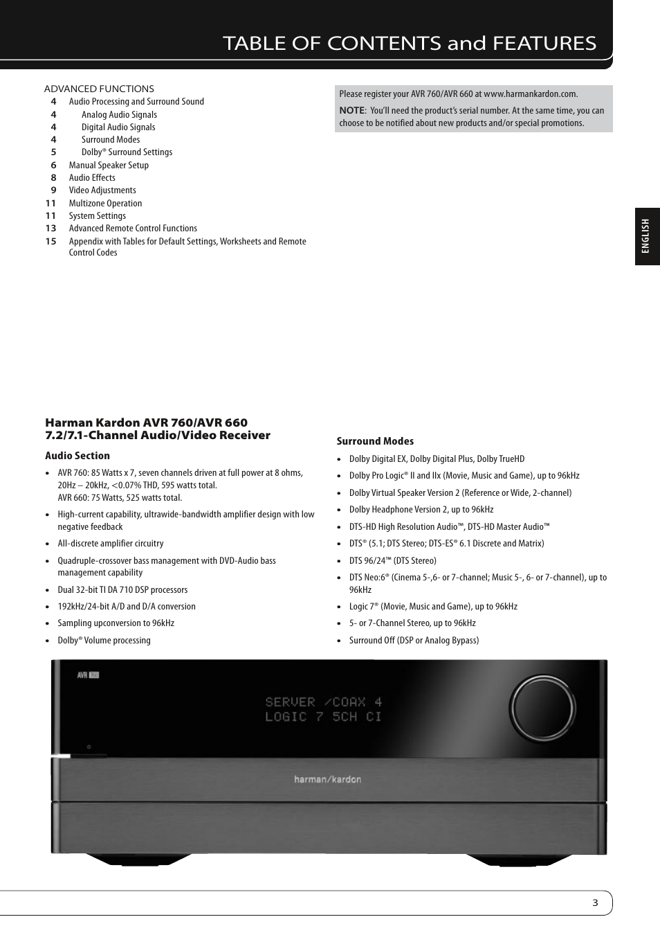 Table of contents and features | Harman-Kardon AVR 760 User Manual | Page 3 / 28