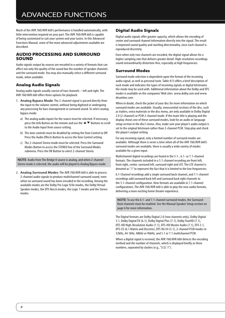 Advanced functions, Audio processing and surround sound | Harman-Kardon AVR 760 User Manual | Page 4 / 28