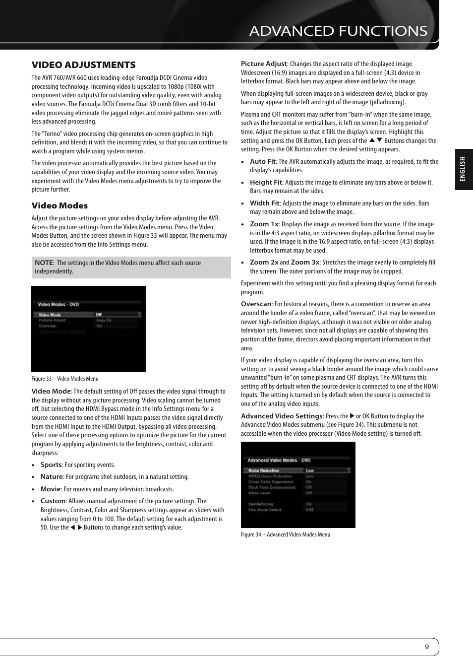 Advanced functions, Video adjustments | Harman-Kardon AVR 760 User Manual | Page 9 / 28