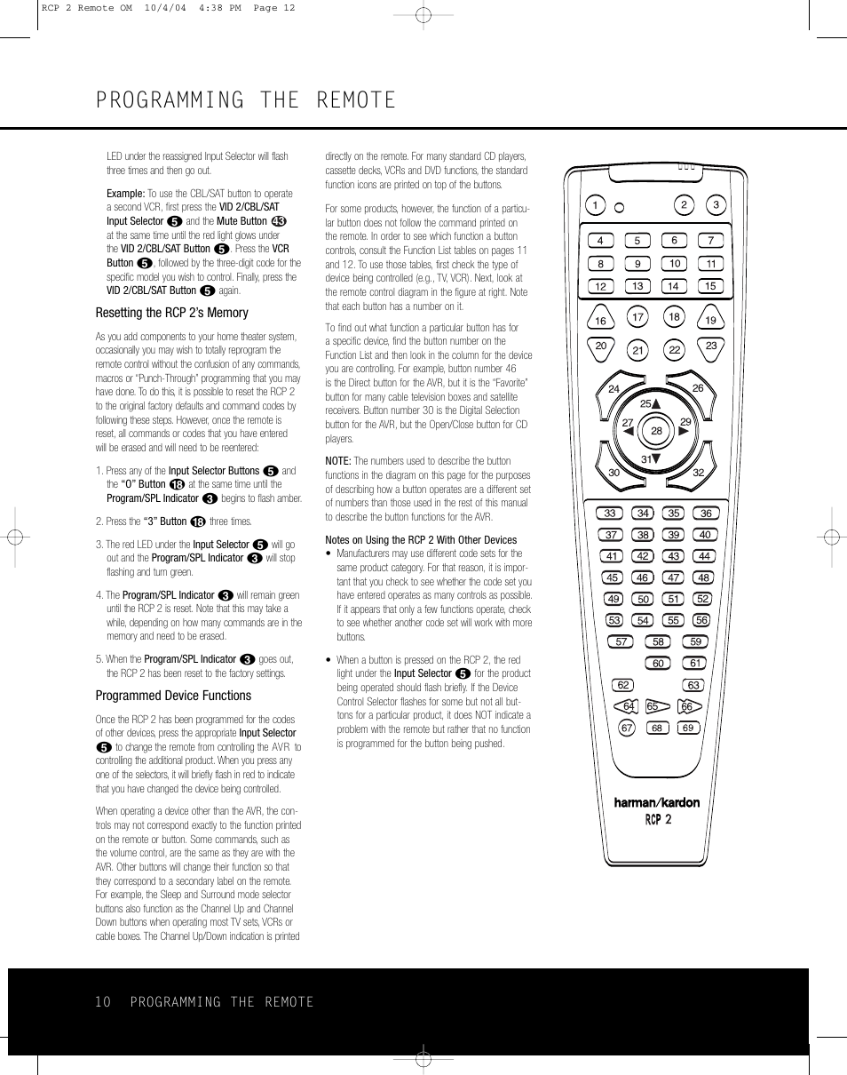 Programming the remote | Harman-Kardon RCP 2 User Manual | Page 10 / 24