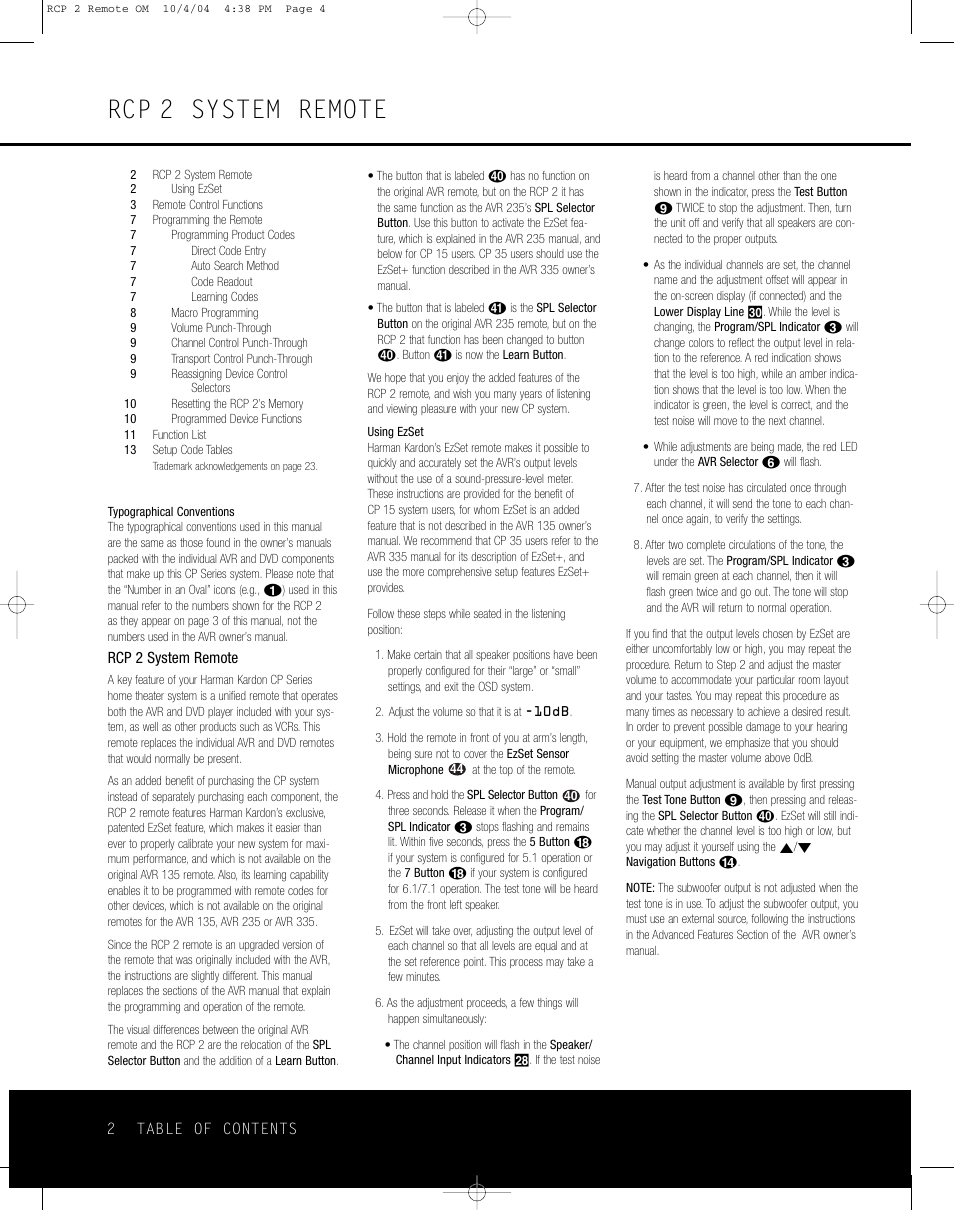 Rcp 2 system remote | Harman-Kardon RCP 2 User Manual | Page 2 / 24