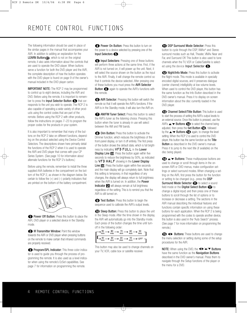 Remote control functions, 4 remote control functions | Harman-Kardon RCP 2 User Manual | Page 4 / 24