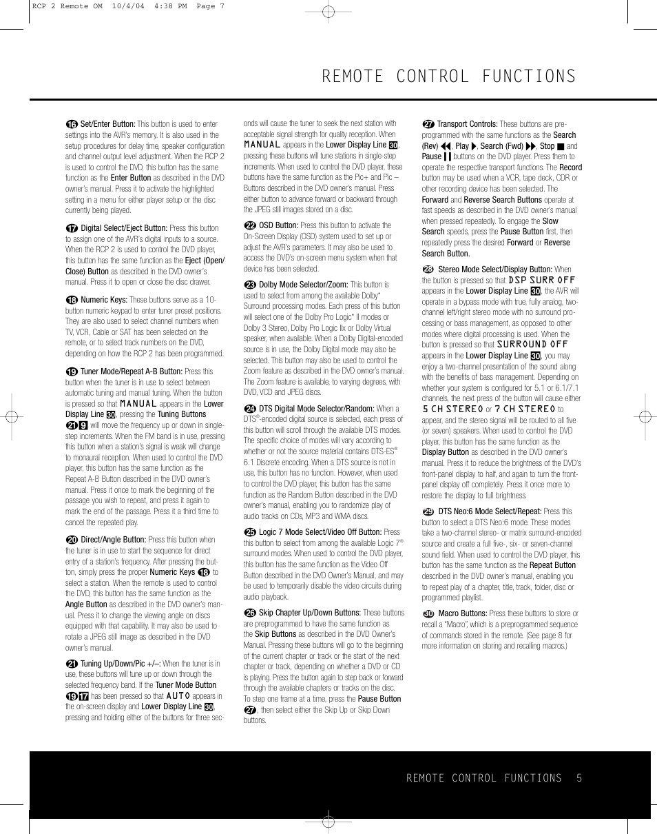Remote control functions, Remote control functions 5 | Harman-Kardon RCP 2 User Manual | Page 5 / 24